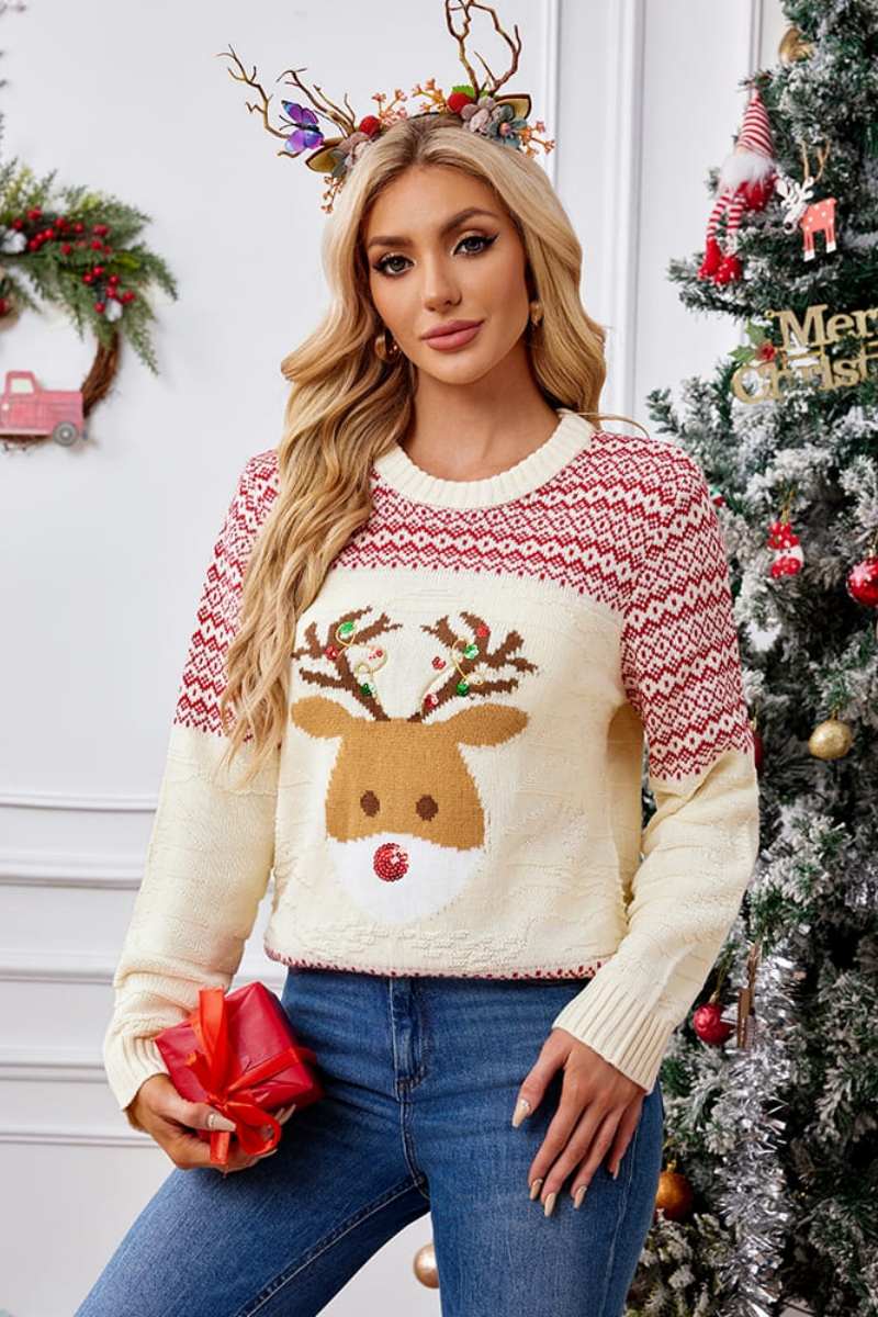 Christmas Crew Neck Embroidered Knit Sweater