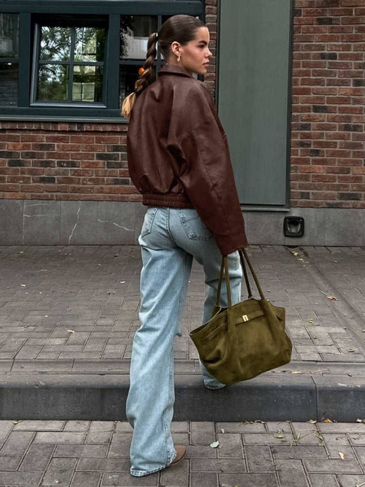 Oversized Leather Jacket with Stand Collar