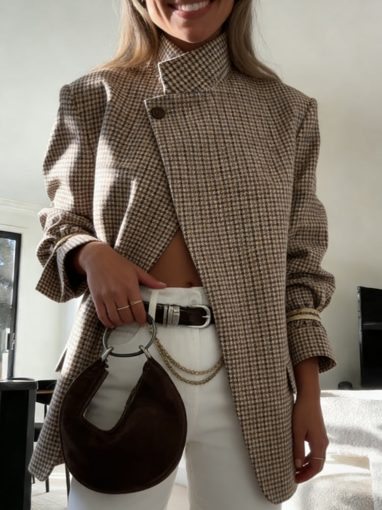Blazer with Plaid, Stand Collar and Relaxed Fit