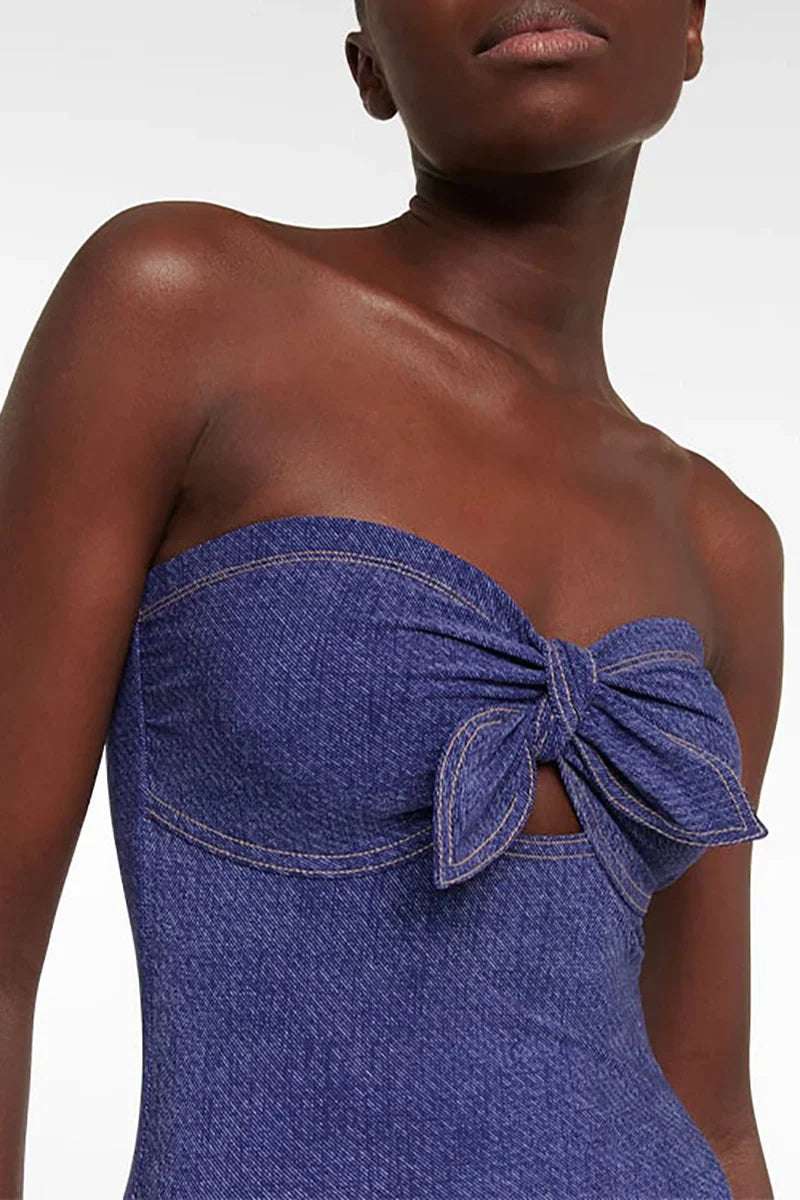 Denim Bandeau One Piece Swimwear Set
