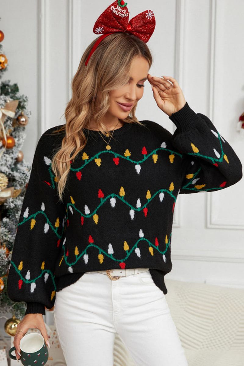 Relaxed Crew Neck Embroidered Knit Sweater - Colorful String