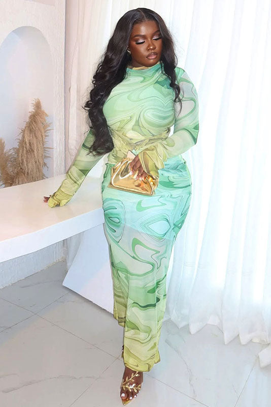 Psychedelic Mint Long Sleeve Slit Maxi-Length Dress