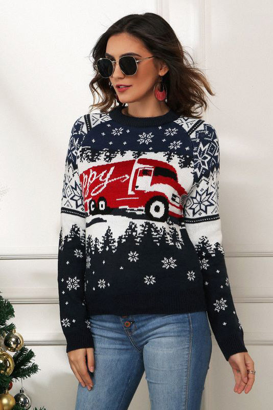 Snowflake and Truck Print Christmas Knit Sweater