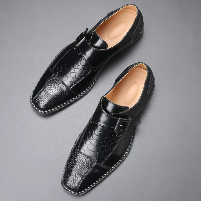 Full-Grain Leather Monk Strap Shoes with Embossed Texture