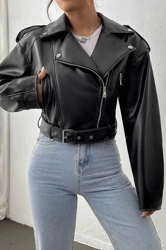 Modern Cropped leather jacket with offset zipper collar