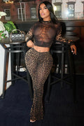 Coordinated Leopard Sheer Mesh Crop & Flare Set