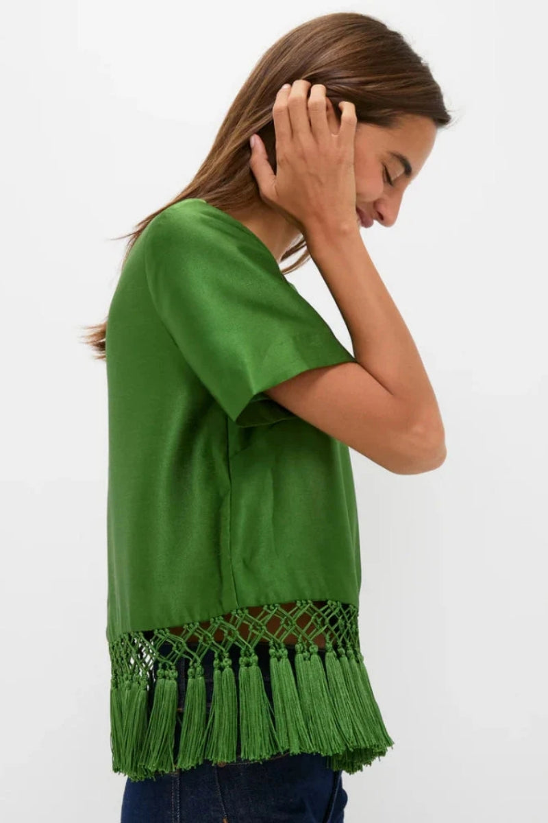 Modern Green Satin Fringe Top
