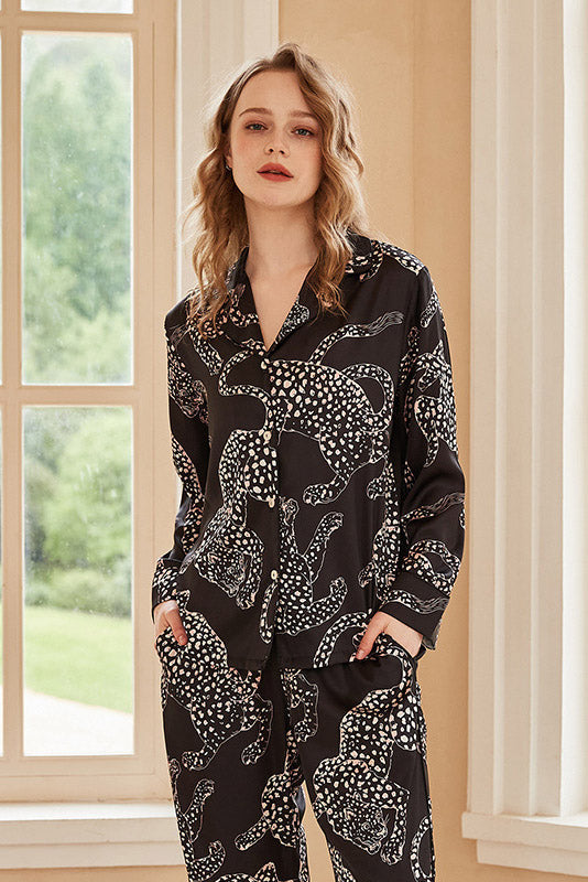 Coordinated Black Jaguar Print Long-Sleeve Pajama Set