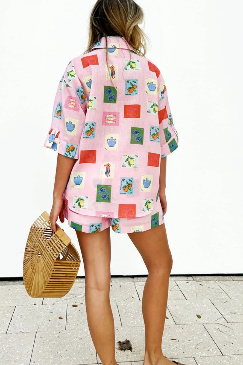 Coordinated Short Set - Pink Stamp Print