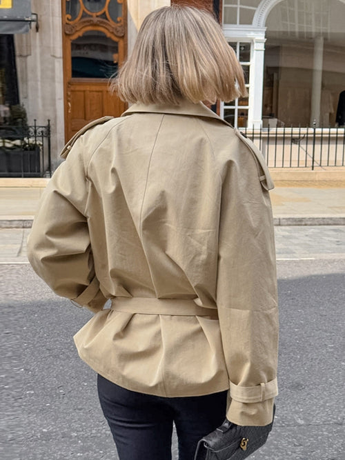 Coat with a Fitted Cut, Lapel Collar and Belt