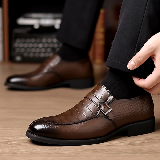 Polished Leather Monk Strap Shoes with Croc-Embossed Texture