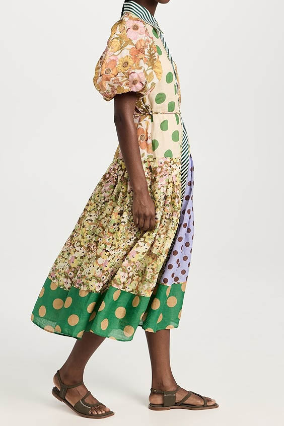 Modern Green Muse Spliced Print Dress