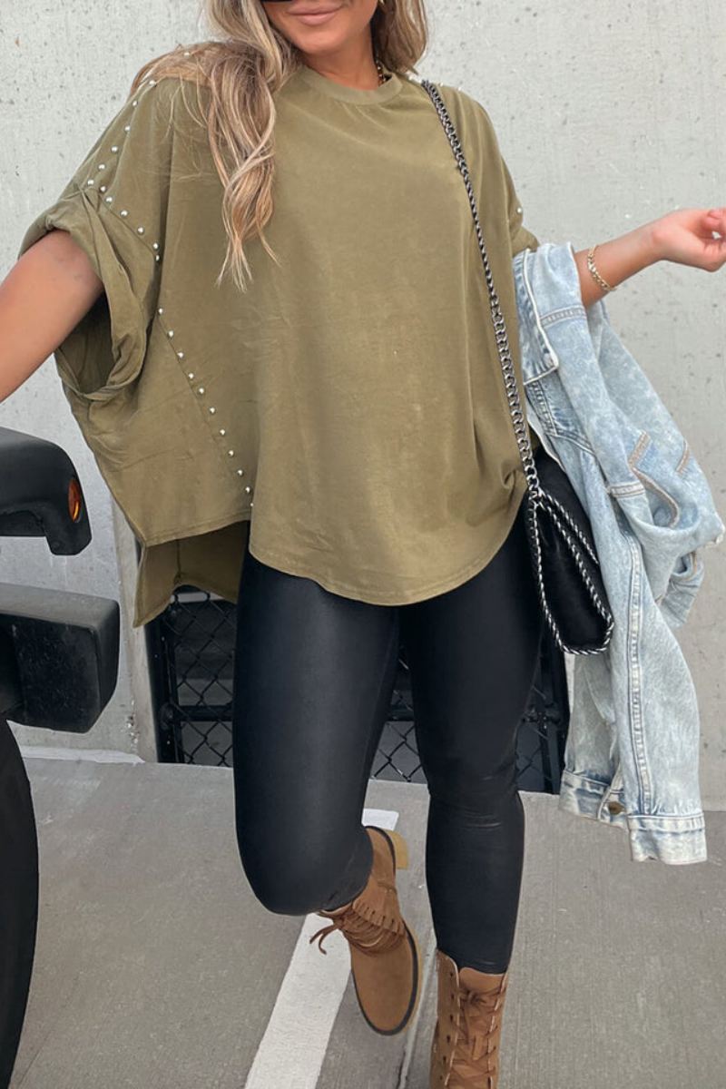 Modern Roll Up Sleeve Studded Oversized Tee