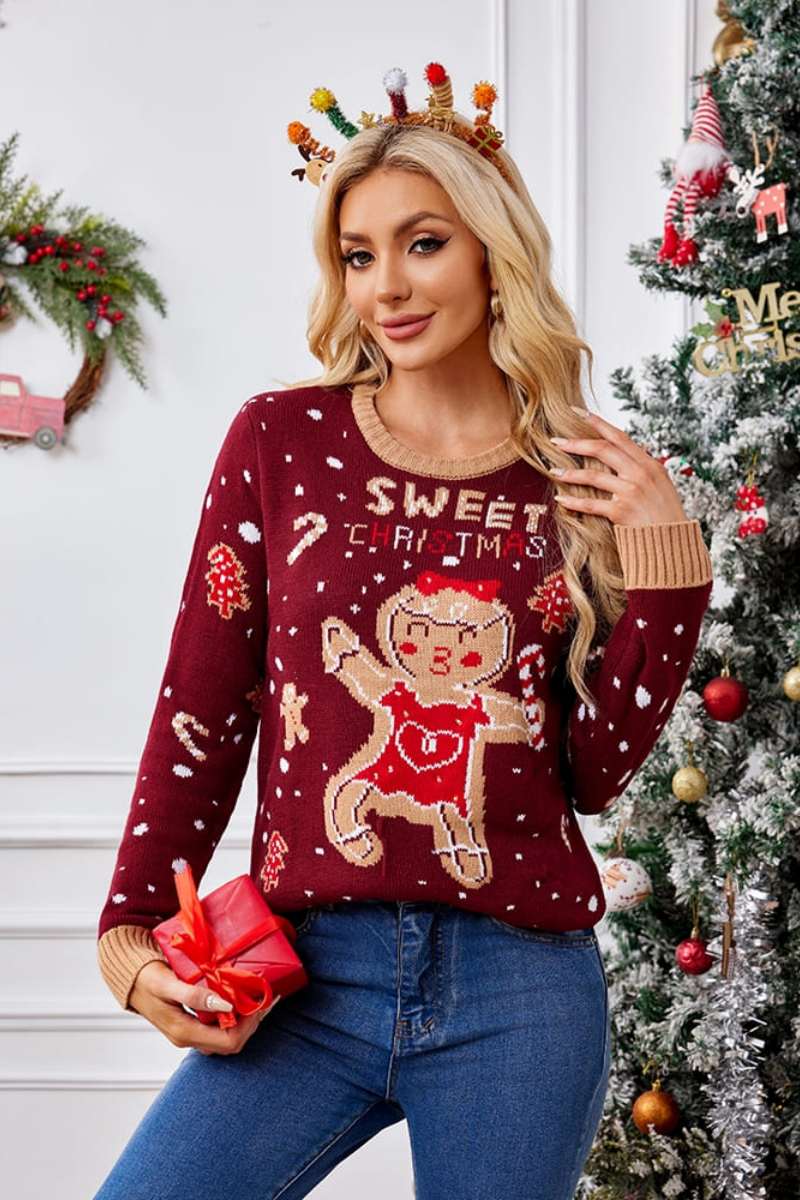 Relaxed Crew Neck Embroidered Knit Sweater - Gingerbread Man