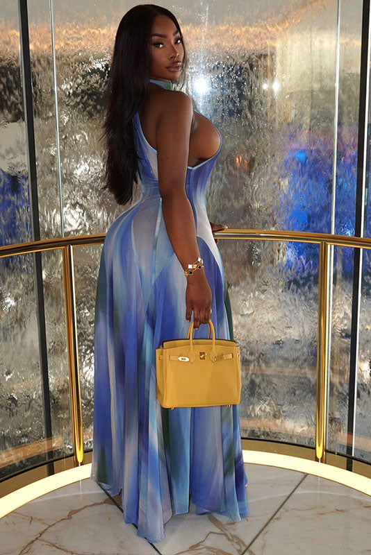 Sky Blue Gradient Halter Open-Back Maxi-Length Dress