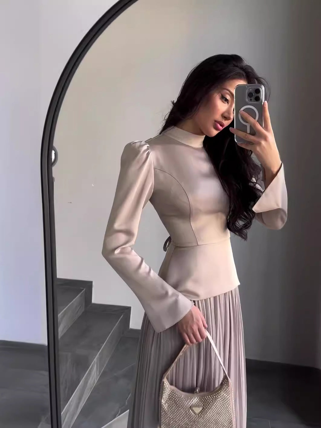 Color Block Splicing Slim Fit Lace-Up Long Sleeve Maxi-Length Dress
