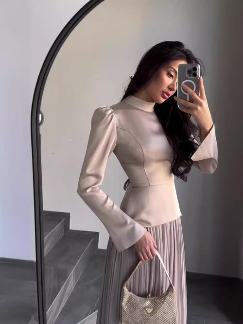Color Block Splicing Slim Fit Lace-Up Long Sleeve Maxi-Length Dress