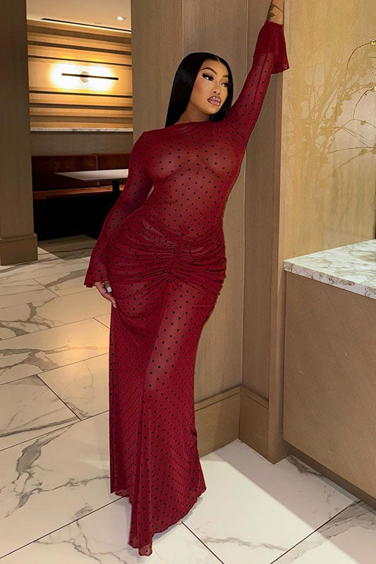 Glamorous Retro Polka Dot Sheer Mesh Maxi-Length Dress