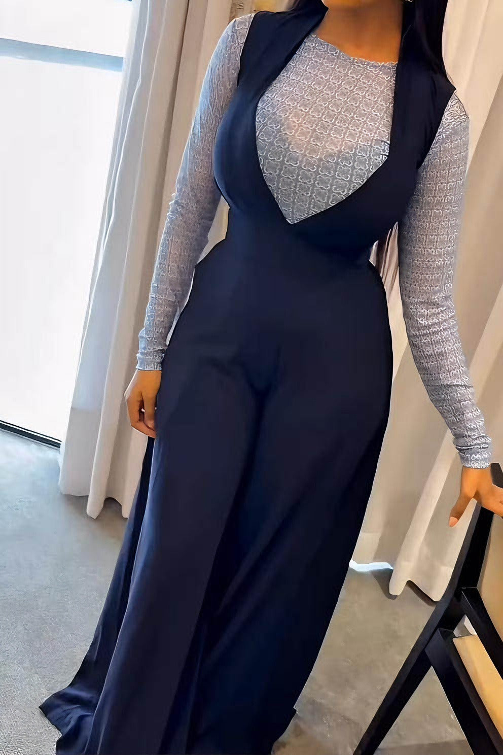 Coordinated Smart Navy Layering Jumpsuit Set