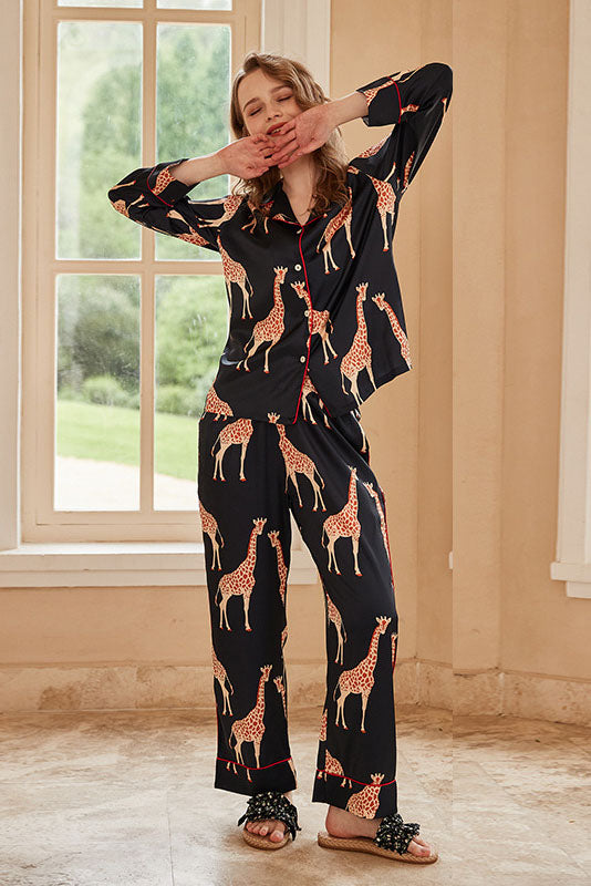 Coordinated Giraffe Long-Sleeve Ice Silk Loungewear Set - Black
