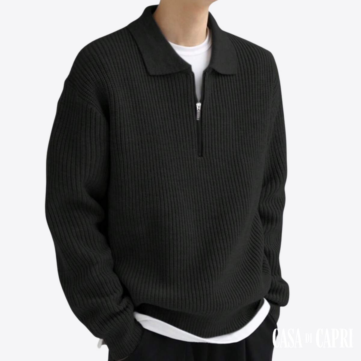 Denim Sweater with Zip Front