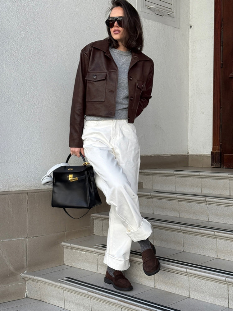 Faux Leather Jacket with Fitted Cut, Lapel Collar and Zipper