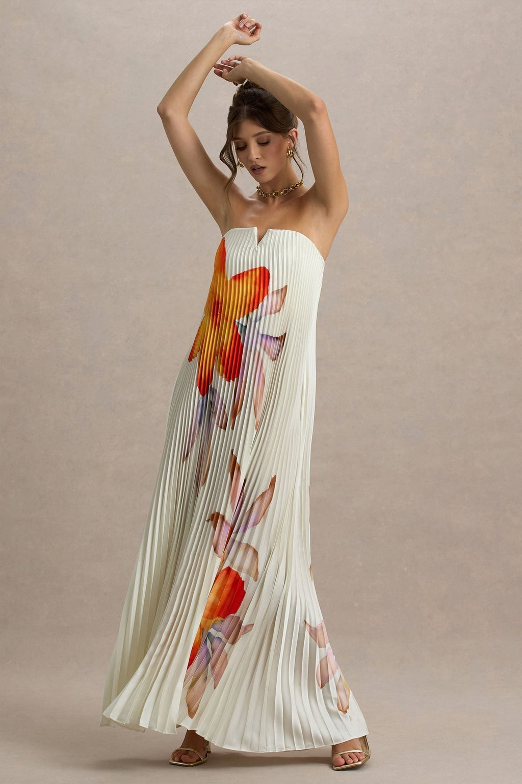 Orange Flower Sweetheart Maxi-Length Dress