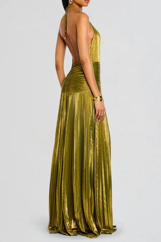 Thalia Metallic Peridot Maxi-Length Dress