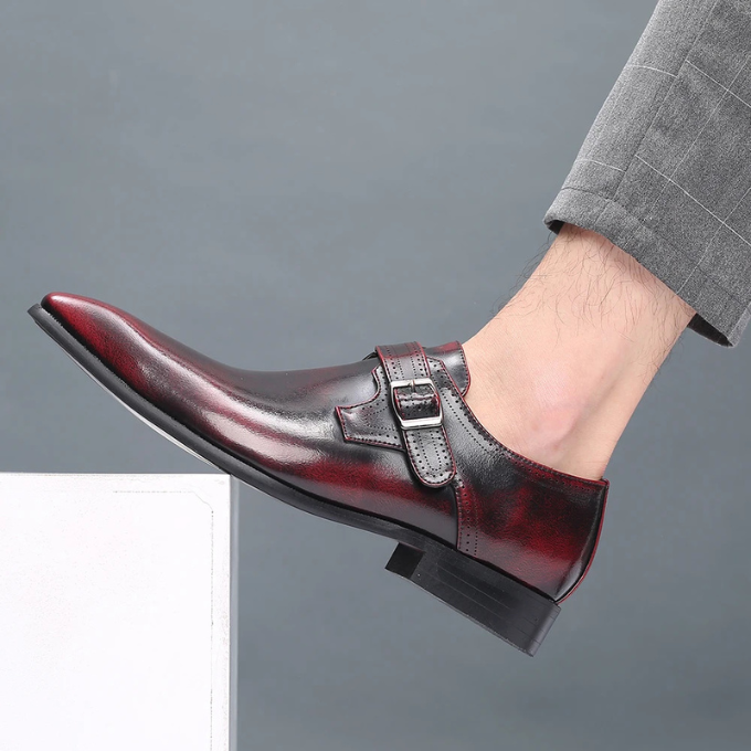 Burnished Leather Monk Strap Shoes with Buckle Strap