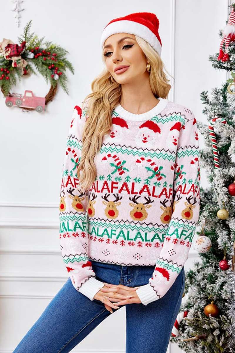 Loose-Fit Crew Neck Christmas Cartoon Knit Sweater - Pink