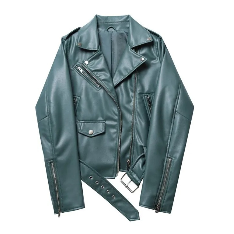 Leather Biker Jacket with Zippers and Belt