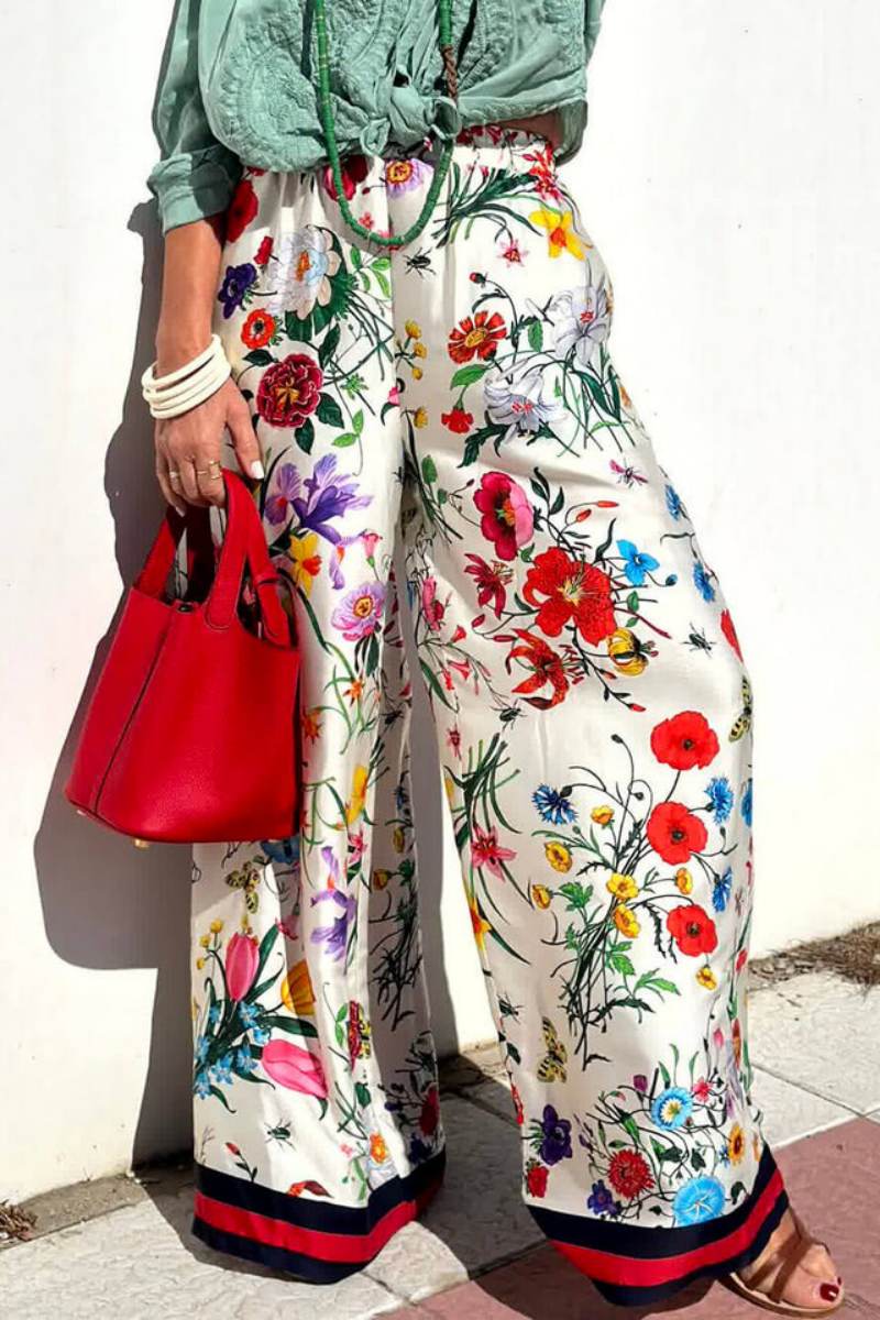 Flower Distinctive Print Elastic Waist Pocketed Wide-Leg Trousers-Set
