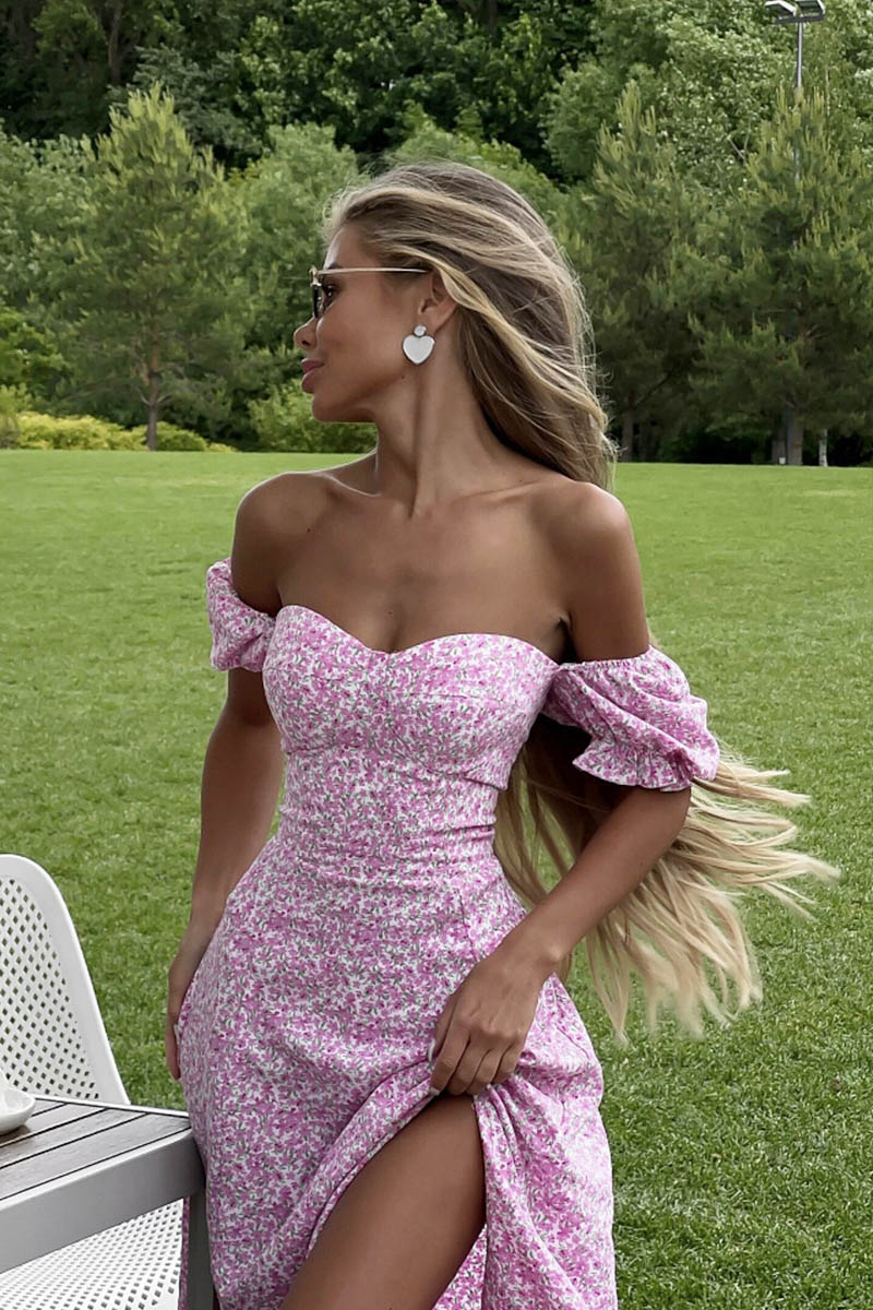 Stylish U-Neck Flower Midi-Length Dress