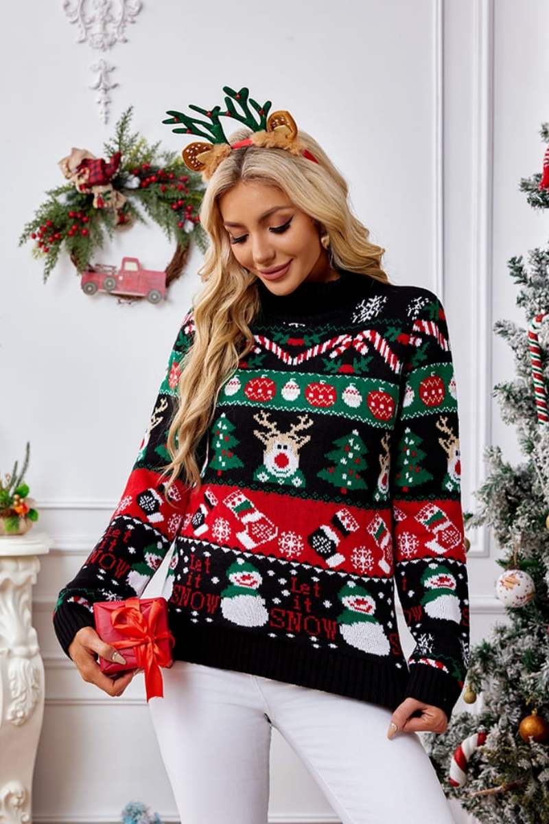 High Neck Christmas Snowman Embroidery Knit Sweater