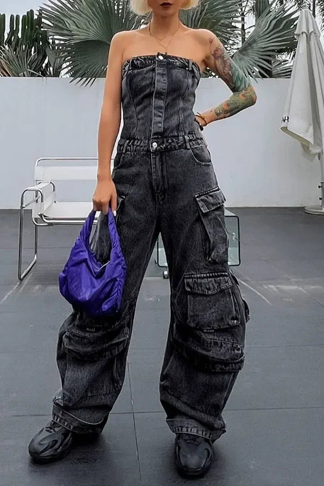 Modern Street Style Strapless Denim Jumpsuit