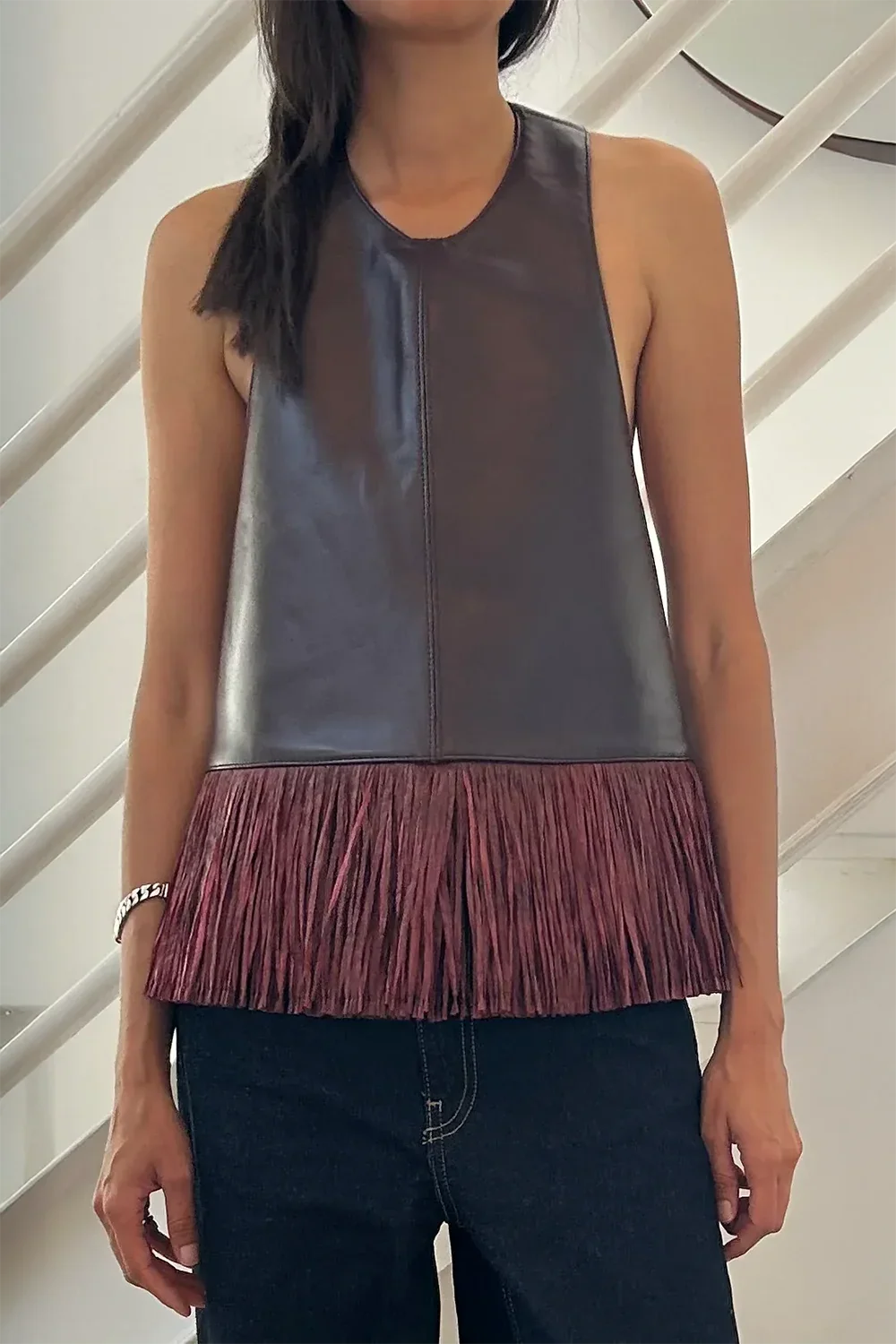 Modern Burgundy Leather Halter Fringe Top