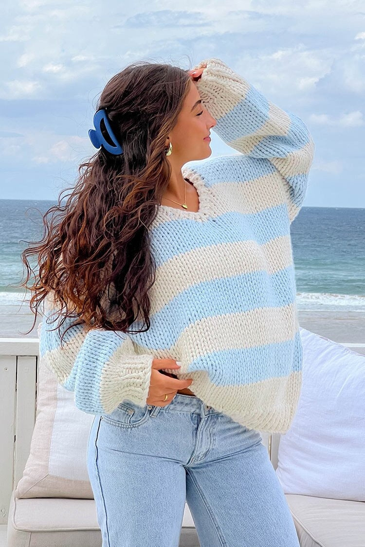 Off-shoulder Striped Knit Sweater