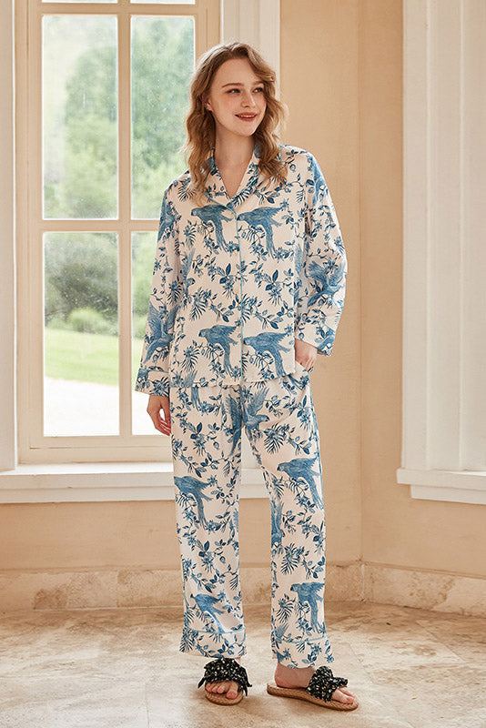 Coordinated Parrot Print Long-Sleeve Pajama Loungewear Set