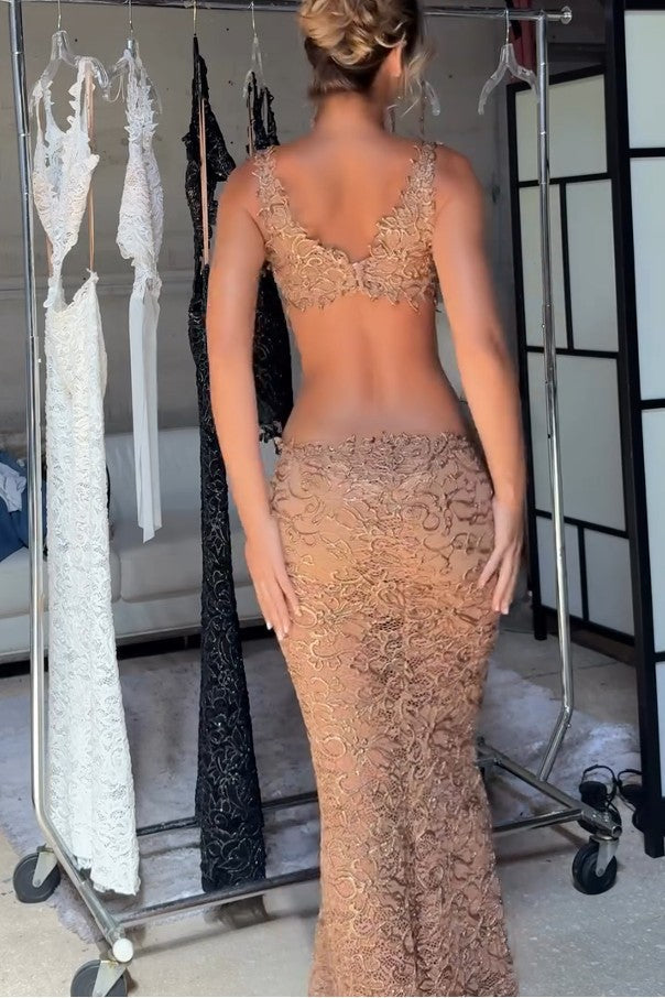 Sleeveless Plunge Neck Lace Maxi-Length Dress