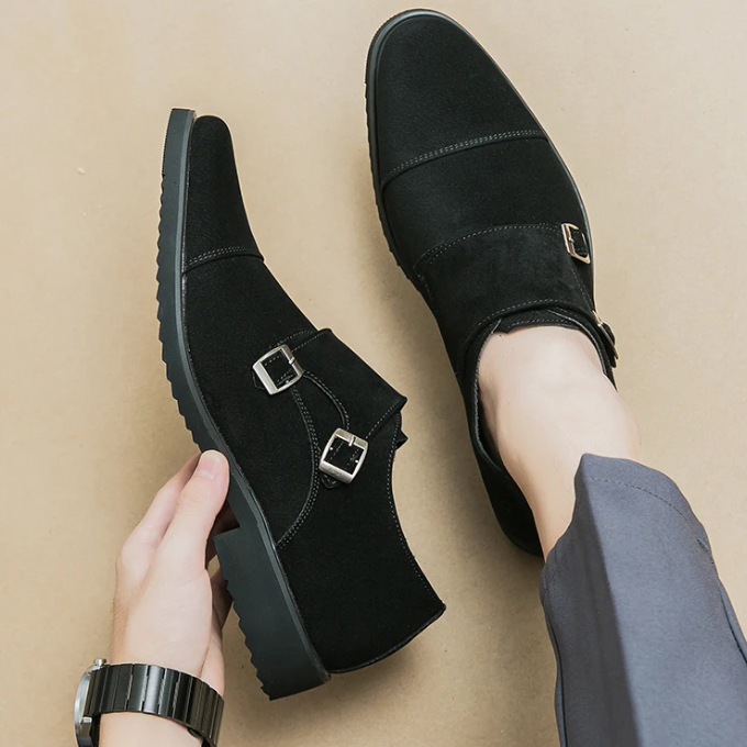 Suede Monk Strap Shoes with Double Buckle Strap