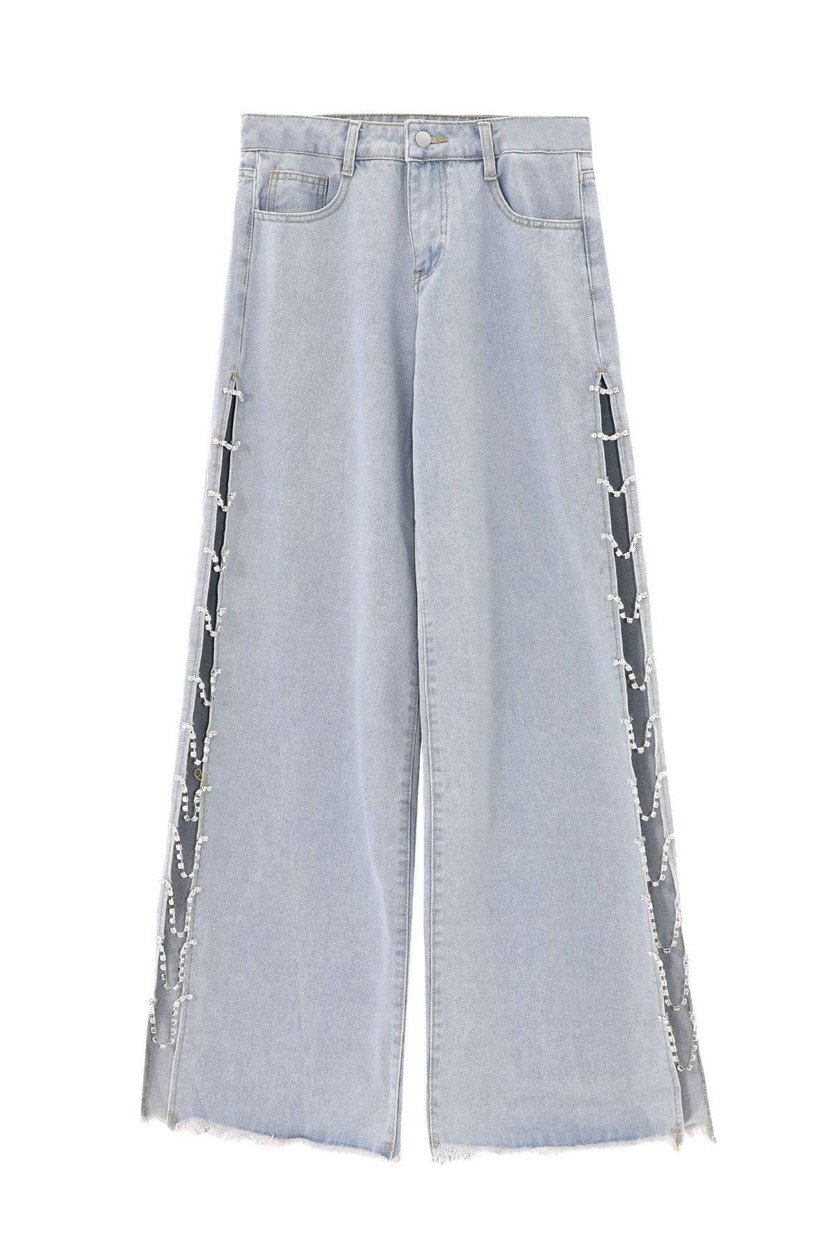 Y2K Crystal-Detail Side-Slit Denim Trousers