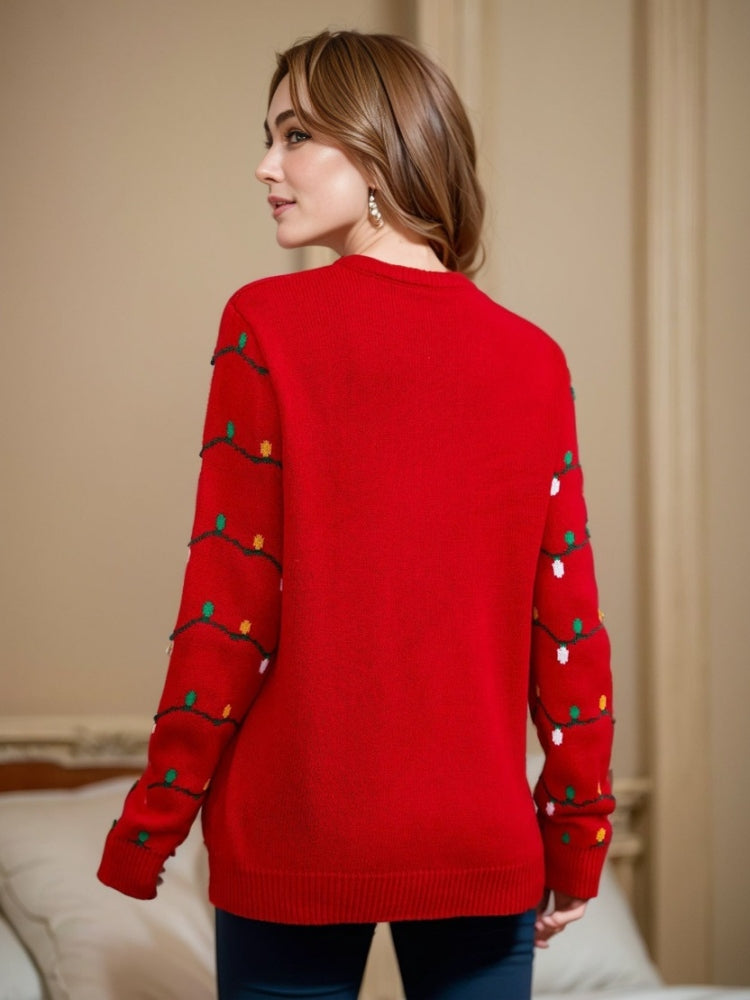 Modern Embroidered Christmas Tree Knit Pullover