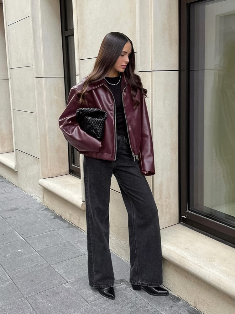 Leather Jacket with Lapel Collar, Zipper and Button Closure