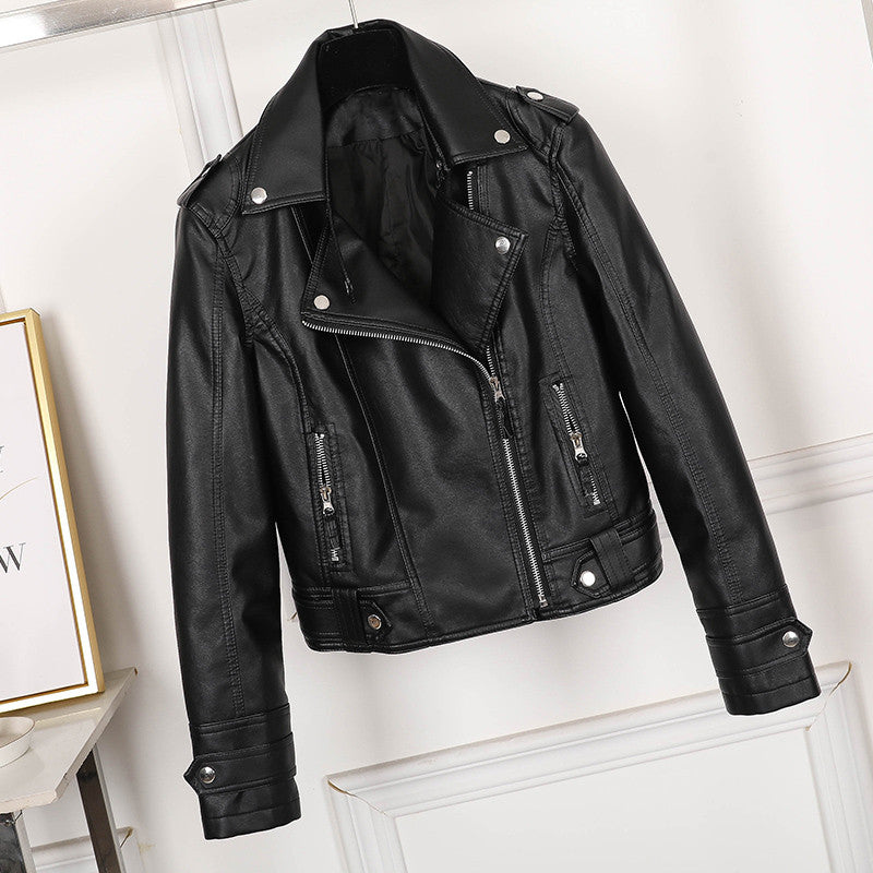 Black Leather Jacket with Lapels and Fitted Cut