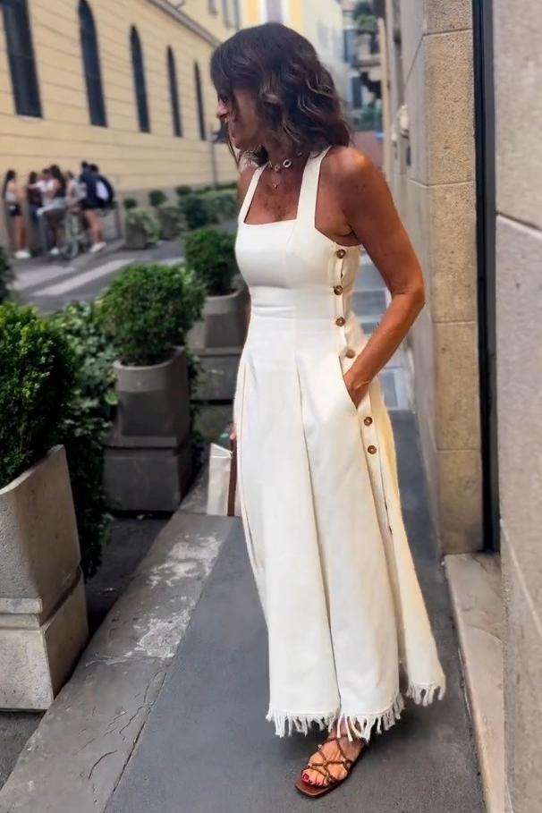 Boho Fringed White Maxi-Length Dress with Pockets
