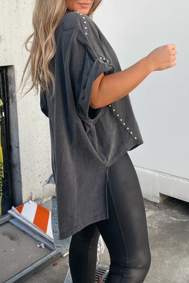 Modern Roll Up Sleeve Studded Oversized Tee