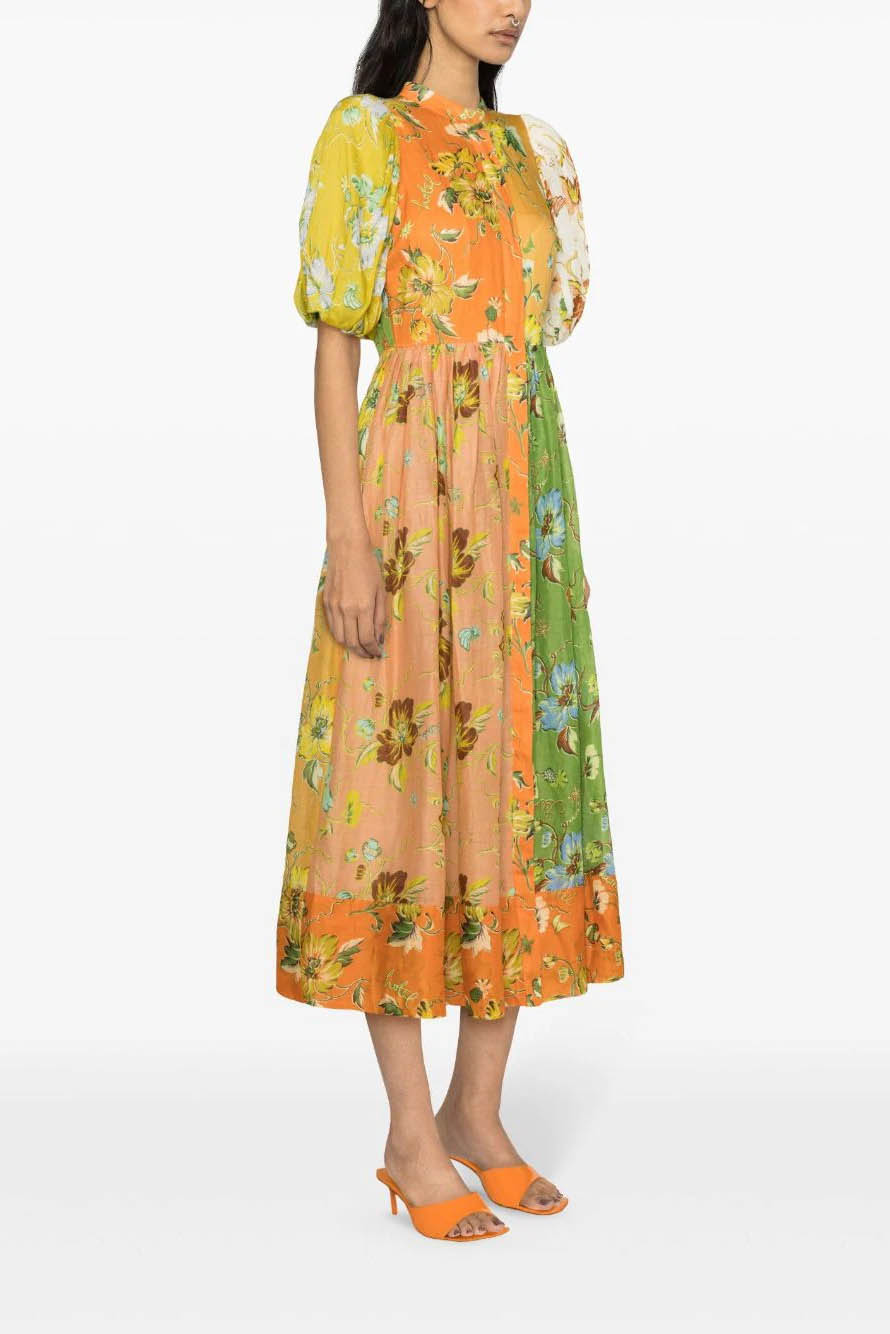 Flower Interlude Puff Sleeve Midi-Length Dress