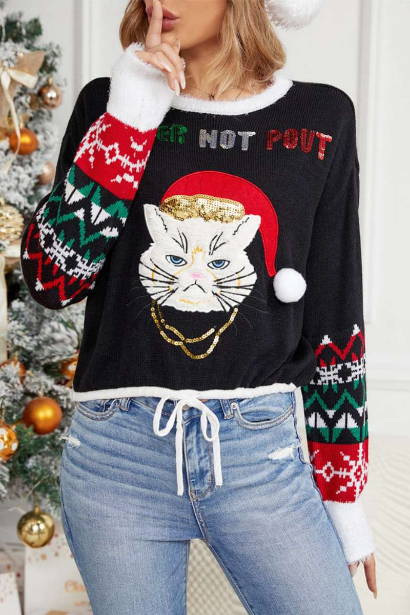 Relaxed Crew Neck Cat Embroidery Sequined Knit Sweater