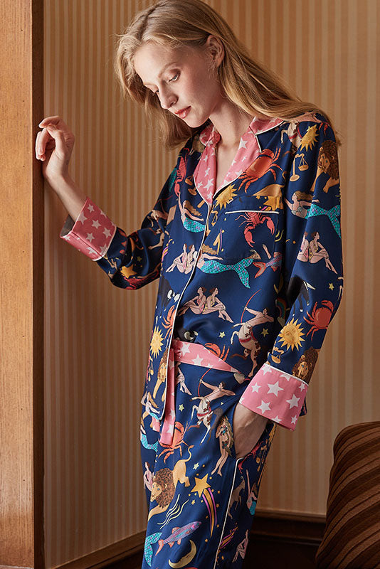 Coordinated Blue Constellation Long Sleeve Pajama Set