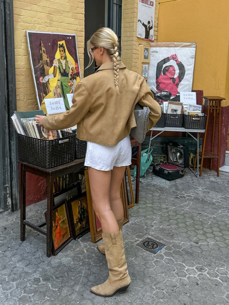Cropped, Fitted Suede Jacket with Lapel Collar